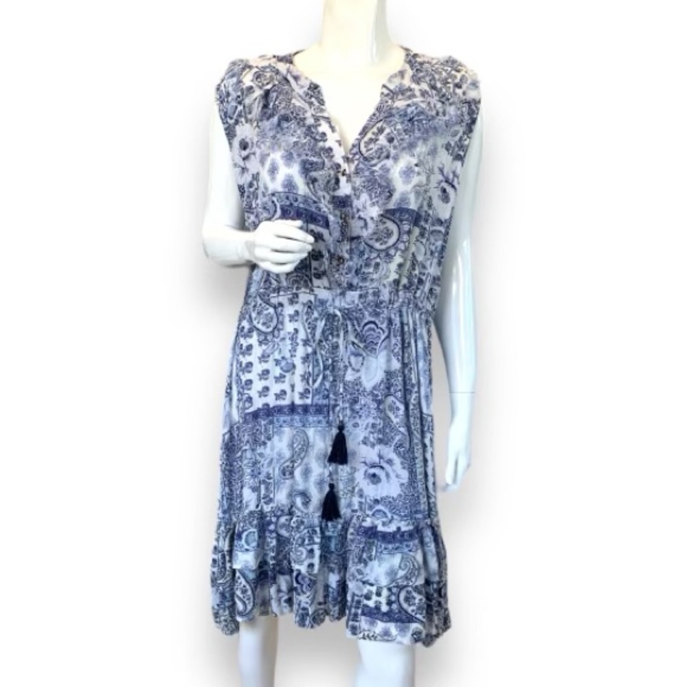 LOLA P BLUE/WHITE FLORAL PATCHWORK DRESS. WOMEN’S SIZE X-LARGE.